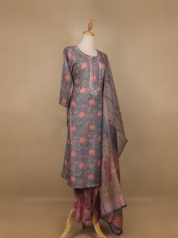 Grey Floral Printed Cotton Salwar Suit - Diadem