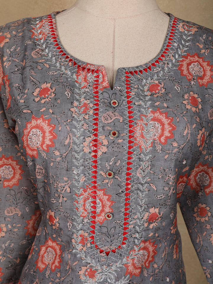 Grey Floral Printed Cotton Salwar Suit - Diadem