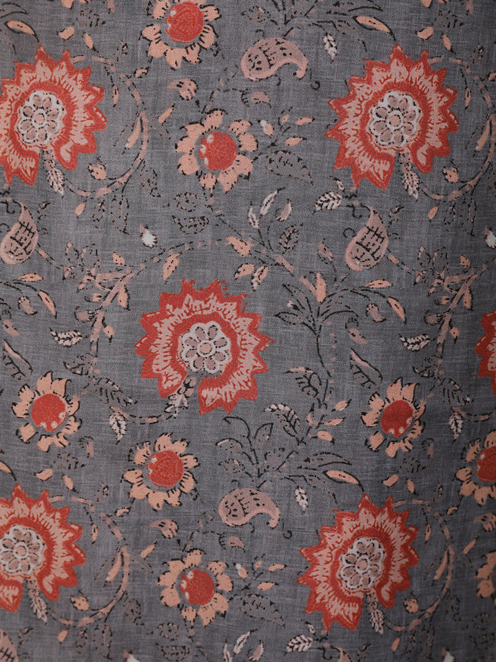 Grey Floral Printed Cotton Salwar Suit - Diadem