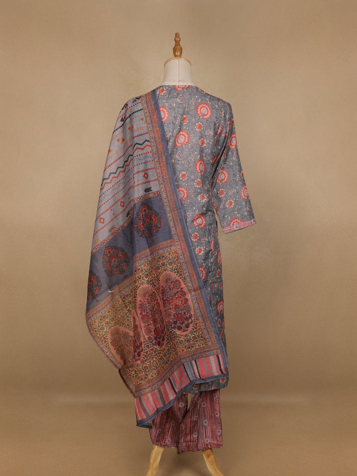 Grey Floral Printed Cotton Salwar Suit - Diadem