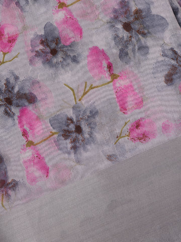 Grey Floral Printed Cotton Saree - Diadem
