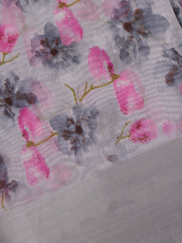 Grey Floral Printed Cotton Saree - Diadem