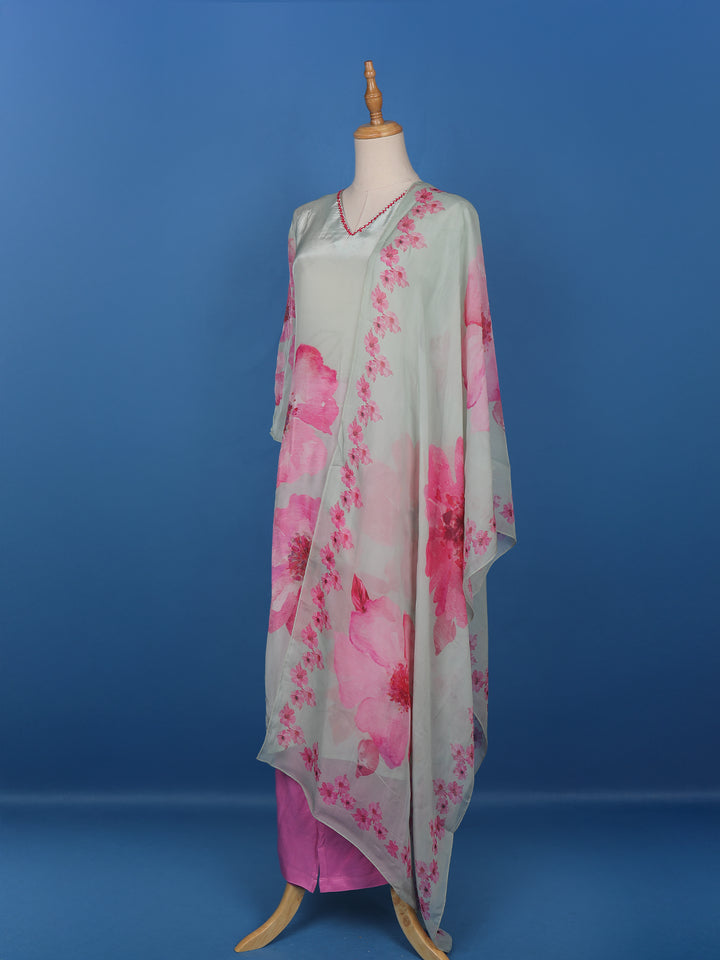 Grey Floral Prints Crepe Straight Cut Salwar Suit - Diadem
