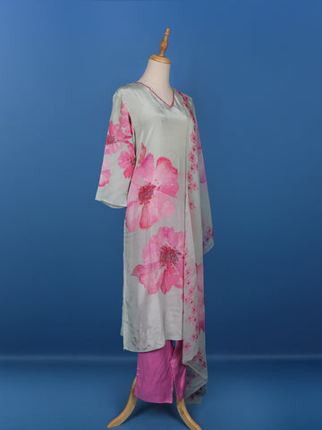 Grey Floral Prints Crepe Straight Cut Salwar Suit - Diadem