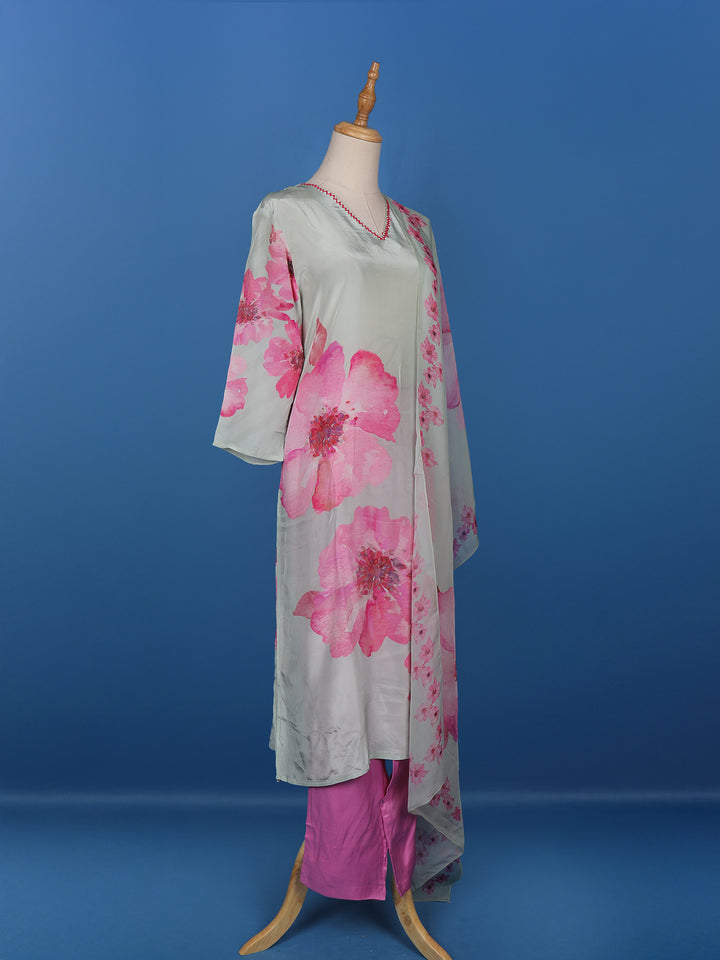 Grey Floral Prints Crepe Straight Cut Salwar Suit - Diadem