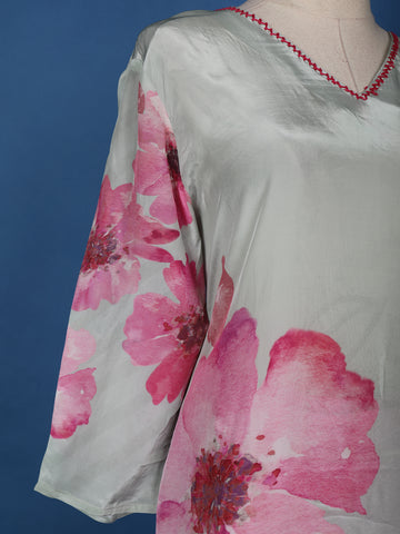 Grey Floral Prints Crepe Straight Cut Salwar Suit - Diadem
