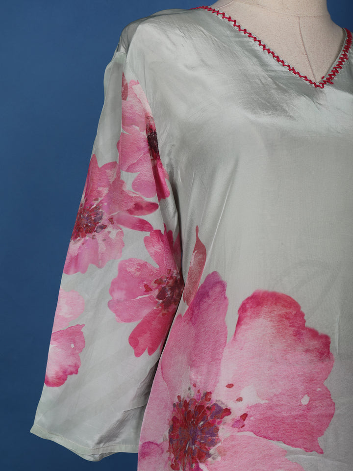 Grey Floral Prints Crepe Straight Cut Salwar Suit - Diadem