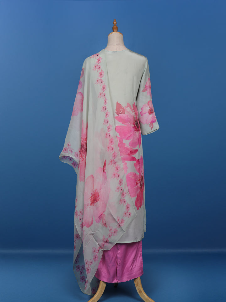 Grey Floral Prints Crepe Straight Cut Salwar Suit - Diadem