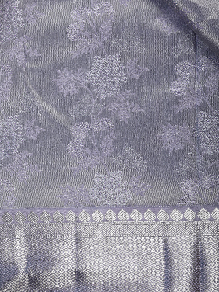 Grey Floral Woven Pure Kanchipuram Silk Saree - Diadem