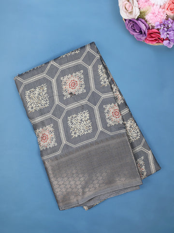 Grey Floral hexagonal Printed Cotton Saree - Diadem