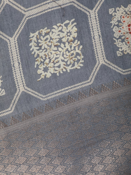Grey Floral hexagonal Printed Cotton Saree - Diadem