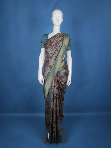 Grey Floral Designed Semi Tussar Saree - Diadem