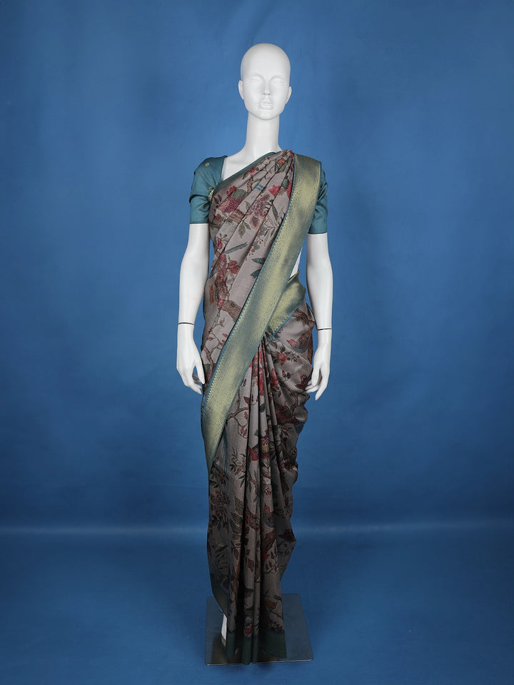 Grey Floral Designed Semi Tussar Saree - Diadem