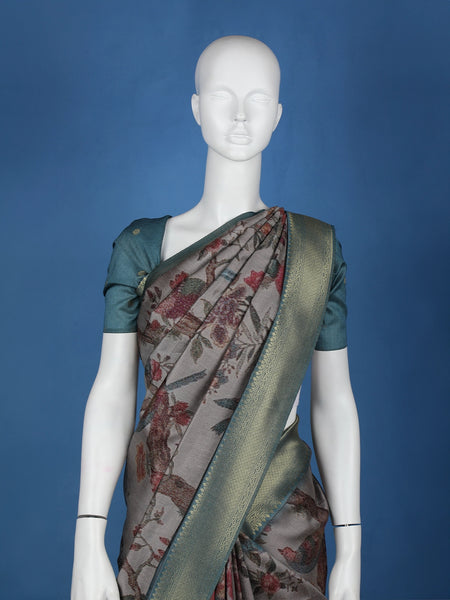 Grey Floral Designed Semi Tussar Saree - Diadem