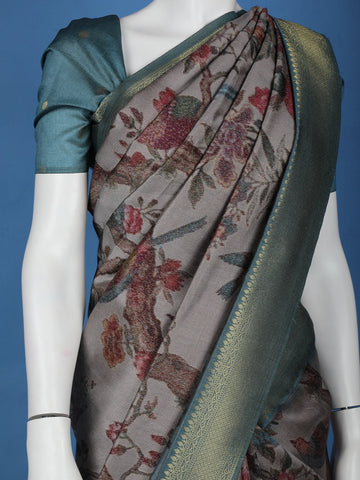 Grey Floral Designed Semi Tussar Saree - Diadem