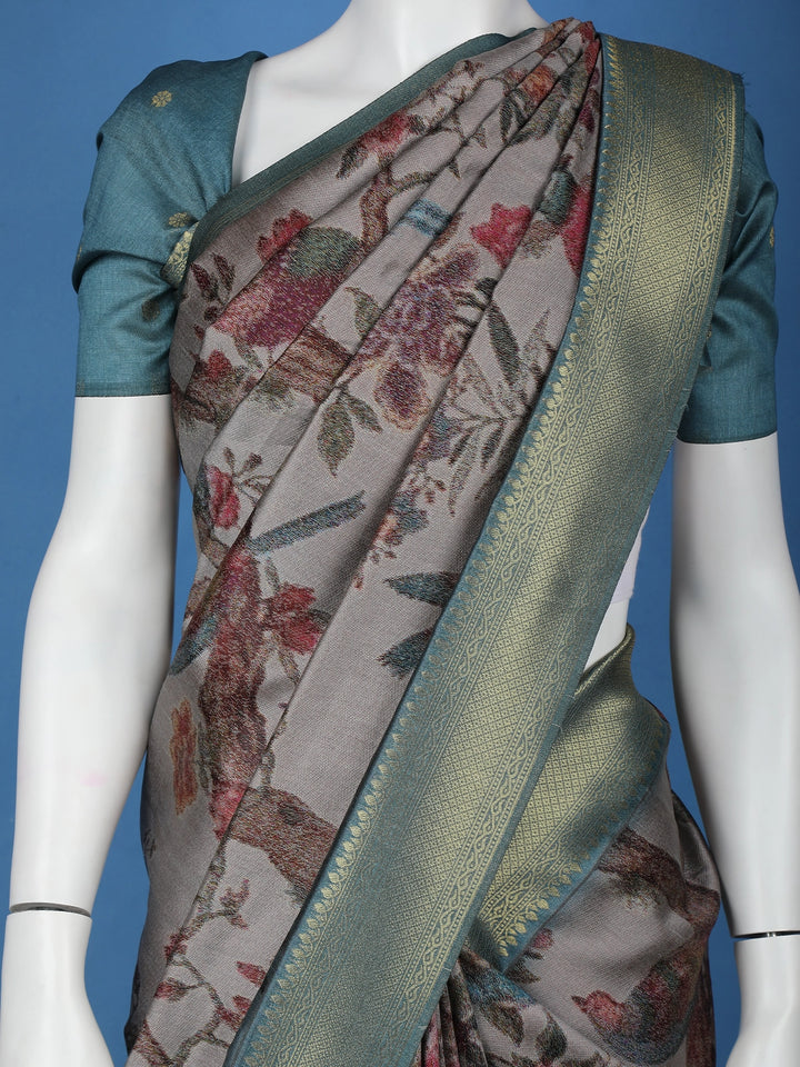 Grey Floral Designed Semi Tussar Saree - Diadem
