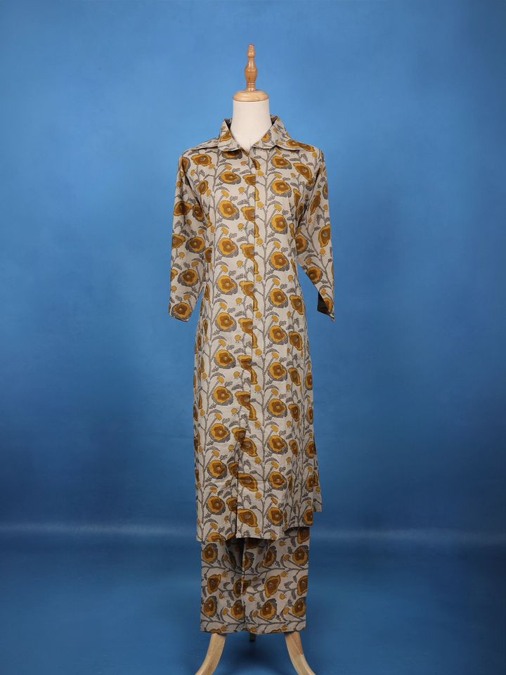 Grey Floral Printed Cotton Salwar Suit - Diadem