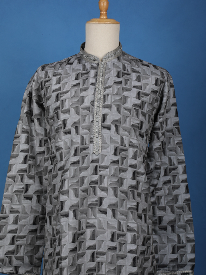 Grey Geometric Printed Cotton Kurta - Diadem