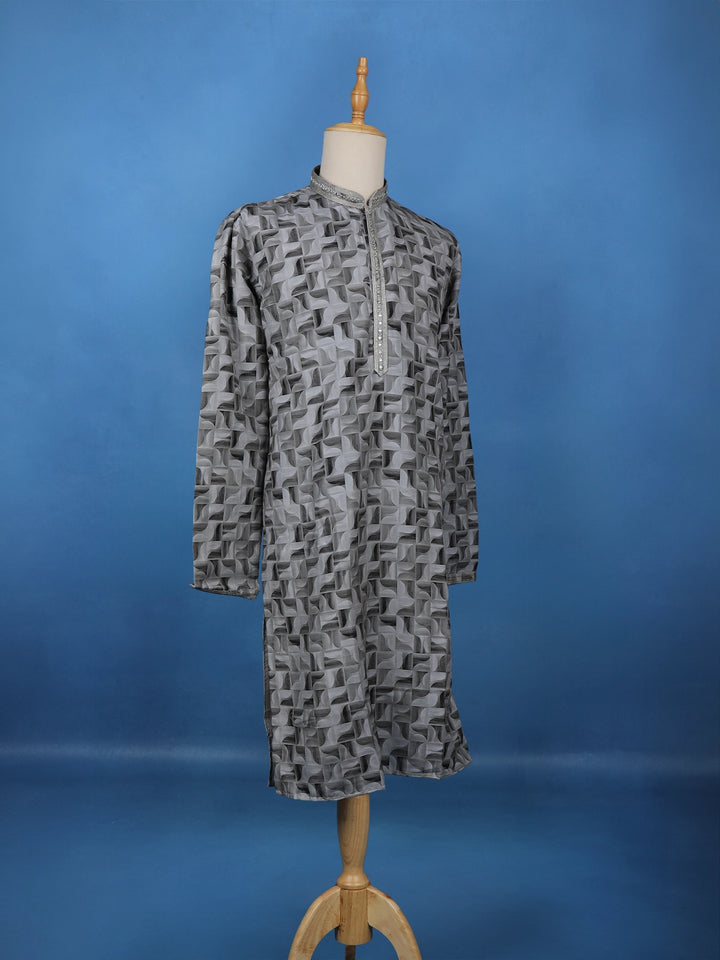 Grey Geometric Printed Cotton Kurta - Diadem