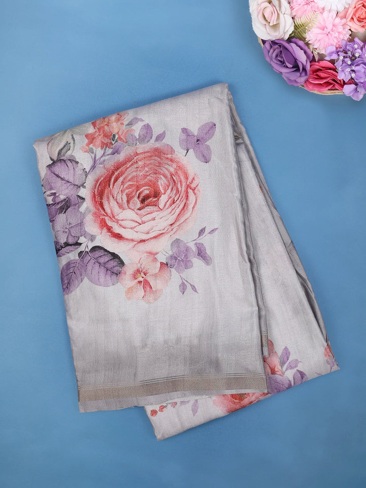 Grey Multicolor Floral Design Printed Cotton Saree - Diadem
