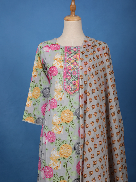 Grey Multicolor Floral Printed Cotton Salwar Suit - Diadem