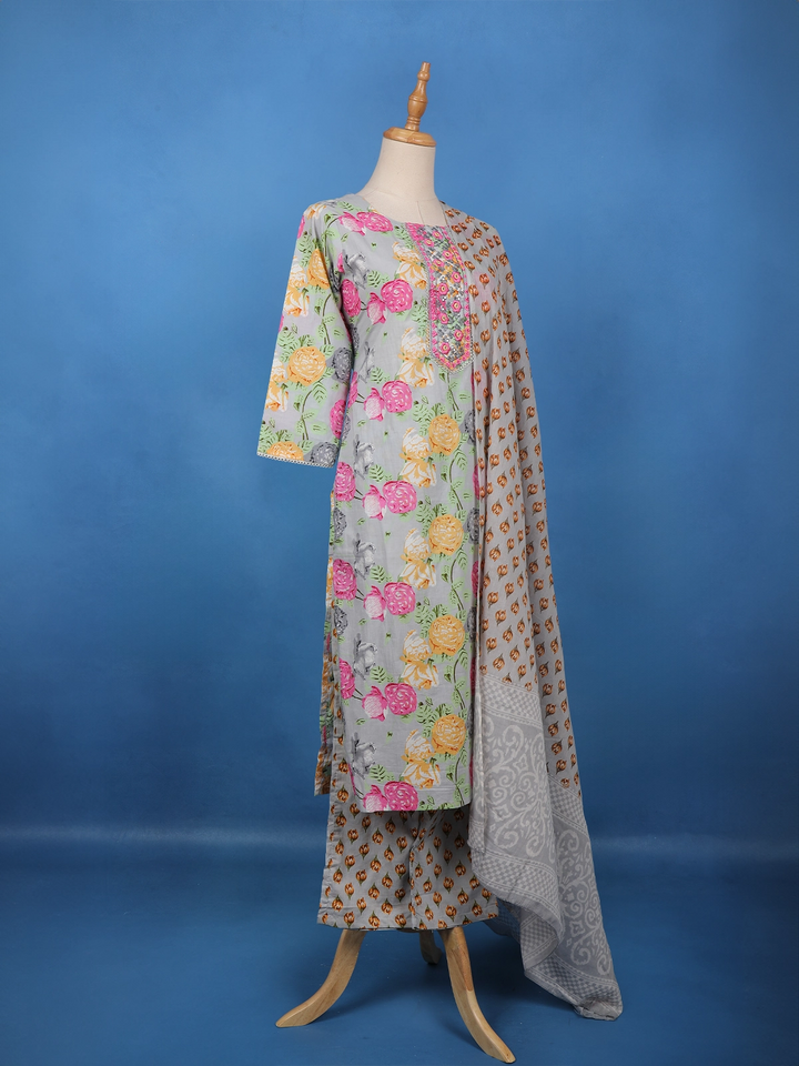 Grey Multicolor Floral Printed Cotton Salwar Suit - Diadem