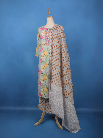Grey Multicolor Floral Printed Cotton Salwar Suit - Diadem