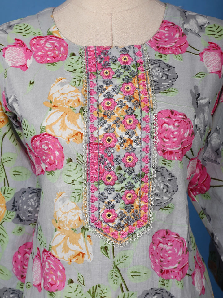 Grey Multicolor Floral Printed Cotton Salwar Suit - Diadem