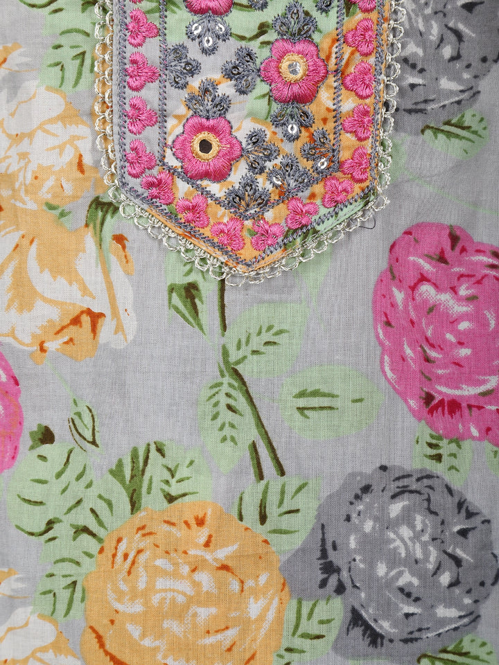 Grey Multicolor Floral Printed Cotton Salwar Suit - Diadem