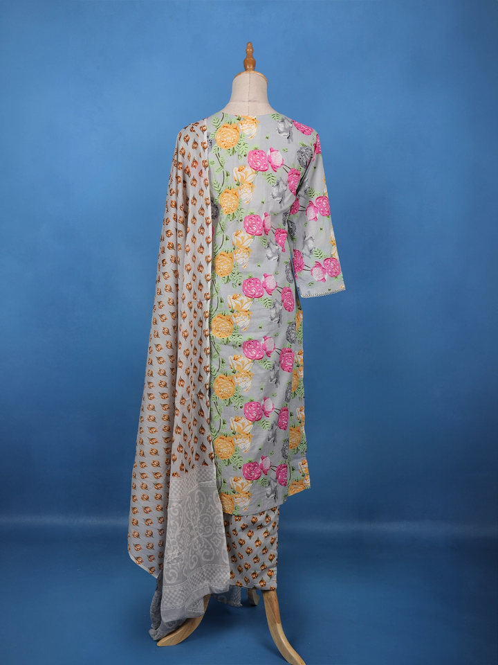 Grey Multicolor Floral Printed Cotton Salwar Suit - Diadem