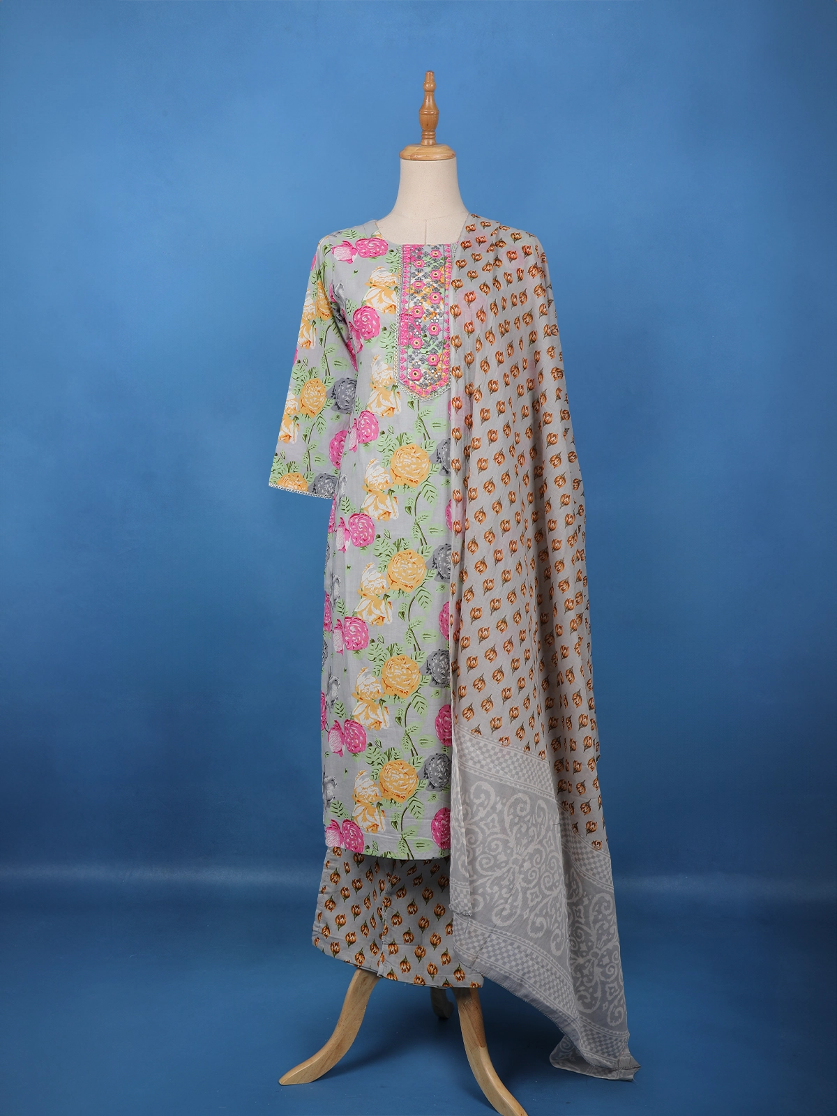 Grey Multicolor Floral Printed Cotton Salwar Suit - Diadem