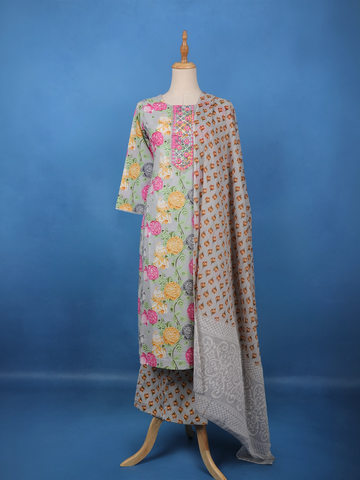 Grey Multicolor Floral Printed Cotton Salwar Suit - Diadem