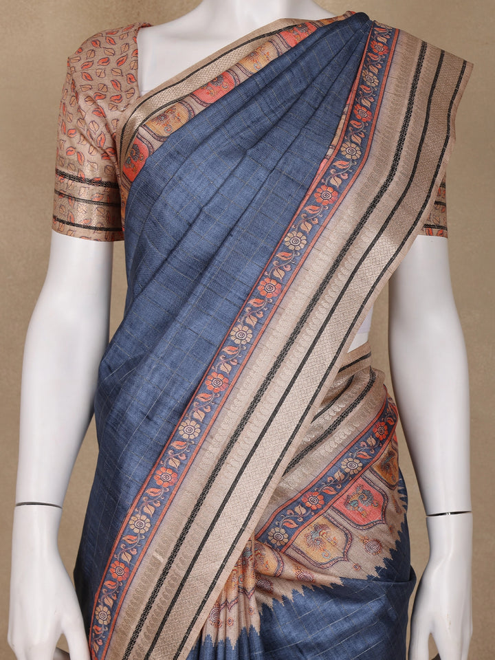 Grey Peacock Designed Semi Tussar Saree - Diadem