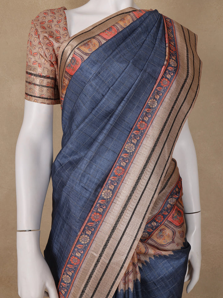 Grey Peacock Designed Semi Tussar Saree - Diadem