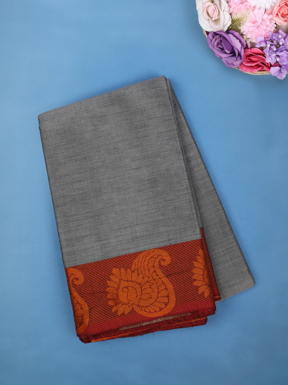 Grey Plain Cotton Saree with Paisley Woven Border - Diadem
