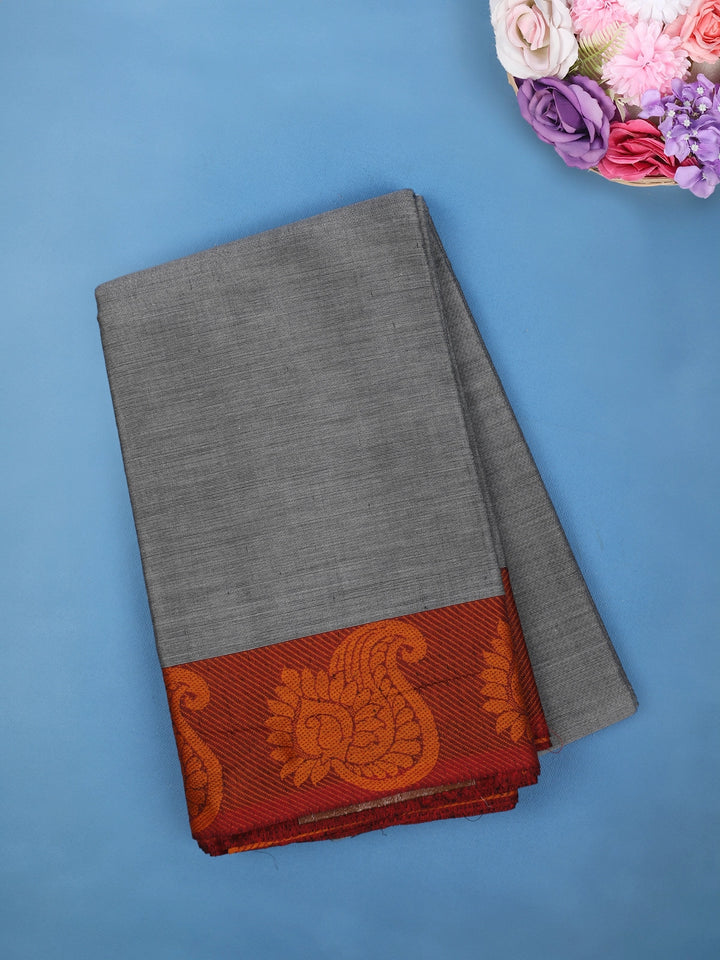 Grey Plain Cotton Saree with Paisley Woven Border - Diadem