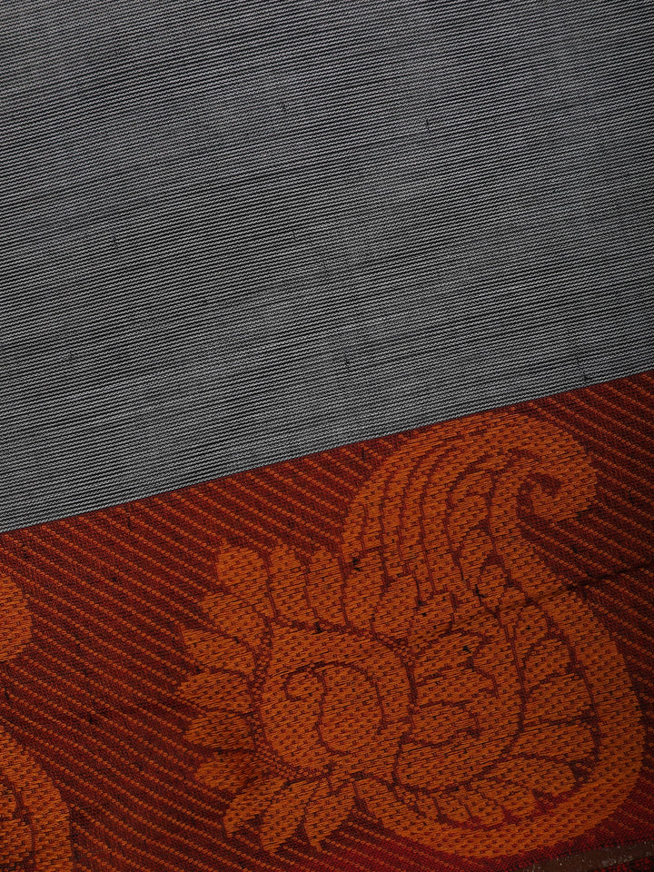 Grey Plain Cotton Saree with Paisley Woven Border - Diadem