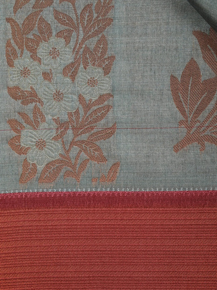 Grey Semi Tussar Silk Floral Designed Saree - Diadem