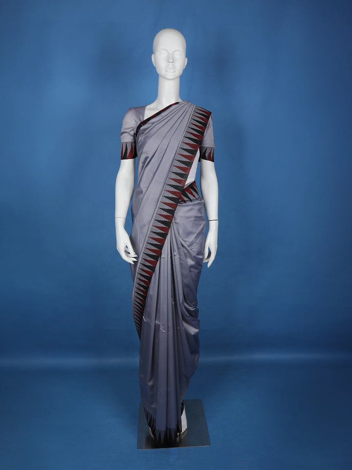Grey Temple Designed Semi Tussar Saree - Diadem