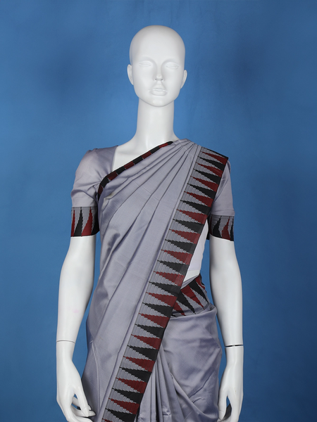 Grey Temple Designed Semi Tussar Saree - Diadem