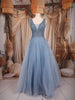 Ice Blue Beaded Net Gown with Deep Neck