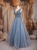 Ice Blue Beaded Net Gown with Deep Neck