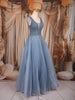 Ice Blue Beaded Net Gown with Deep Neck