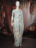 Ice Blue Floral Printed Design Chiffon Fancy Saree with Lace Border