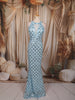 Ice Blue Scallop Sequins Embroidered Design Sequins Fabric Party Wear Fish Cut Gown with Draped Beaded Neckline