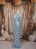 Ice Blue Scallop Sequins Embroidered Design Sequins Fabric Party Wear Fish Cut Gown with Draped Beaded Neckline