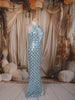 Ice Blue Scallop Sequins Embroidered Design Sequins Fabric Party Wear Fish Cut Gown with Draped Beaded Neckline
