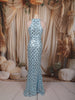 Ice Blue Scallop Sequins Embroidered Design Sequins Fabric Party Wear Fish Cut Gown with Draped Beaded Neckline