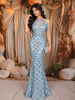 Ice Blue Scallop Sequins Embroidered Design Sequins Fabric Party Wear Fish Cut Gown with Draped Beaded Neckline