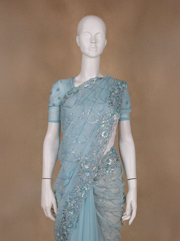 Ice Blue Floral Designed Organza Designer Saree - Diadem